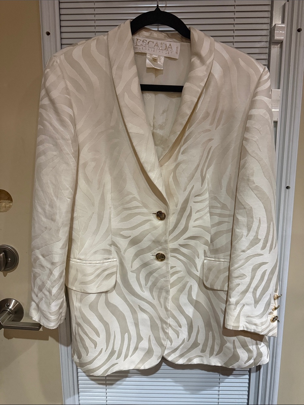 Escada Cream Zebra-Print Satin Blazer Jacket with Gold Buttons